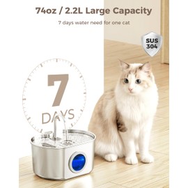 Cat Water Fountain Stainless Steel: 74oz/2.2L Cat Fountain for Drinking- Pet Water Fountain Inside - Automatic Dog Watering Dispenser Bowl - Pet Feeding & Watering Supplies - Water Level Window