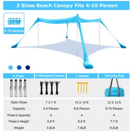 COMMOUDS Beach Tent, Camping Sun Shelter with UPF50+ Protection, Sand Shovels, Ground Pegs and 4 Stability Poles, Outdoor Pop Up Beach Shade Canopy for Fishing, Backyard or Picnics