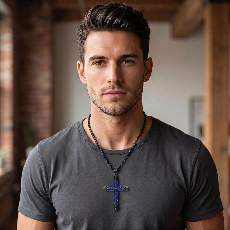 YYB Cross Necklace for Men Black Cross Lapis Lazuli Chain