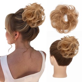 S-noilite Human Hair Messy Bun Hair Piece Chignon Updo Scrunchies 100% Real Curly Wavy Dark Blonde Hair Bun Extensions for Women Elegant Donot Bun Hairpiece with Elastic Band 25g (Dark Blonde)