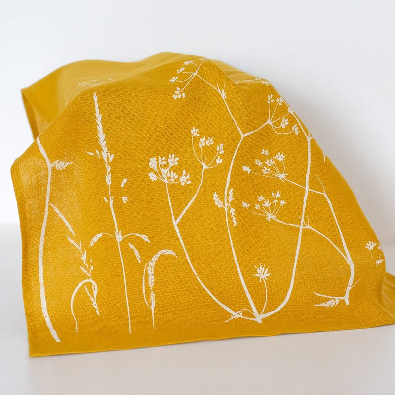 Mustard Linen Tea Towel, hand printed with hedgerow flowers. This