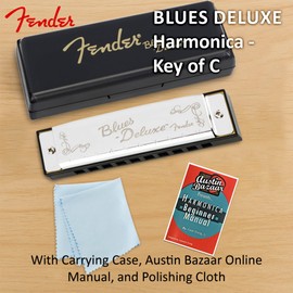 Fender Blues Deluxe Harmonica - Key of C Bundle with Carrying Case, Austin Bazaar Online Manual, and Polishing Cloth