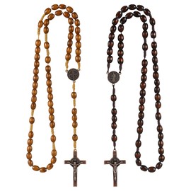 TenaLucy 2 Pieces Wooden Rosary Necklaces, Rosary Chain Catholic Rosary Chains Made of Wood Catholic Cross Rosary Necklace Saint Benedict, for Christians, Religious Communion, Christening, Fair, Wood,