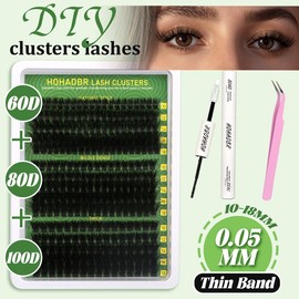 HOHADBR  Lash Clusters Wispy Lash Extension 60D+80D+100D Thick Volume Individual Lashes 10-18mm Cluster Lashes D Curl Cluster Eyelash Extensions  Lash by Self with Bond and Seal Lash Tweezers:_60D+80D+100D