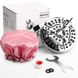 REHAVE 5.1-Inch Rainfall Shower Head with 63 Jets, 8 Spray Modes - Chrome Finish, Brass Angle-Adjustable, Anti-Clogging Silicone Nozzles