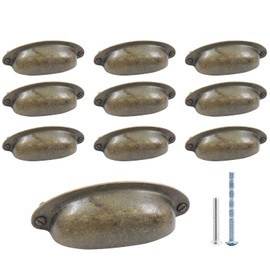 Auvotuis 10Pcs 3.5Inch Hole Spacing Cup Pull Handles, Vintage Farmhouse Style Flat Cabinet Cup Pulls for Drawer/Dresser Bin (Bronze)