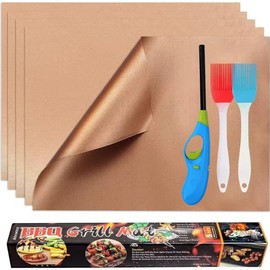 Tmdwon Grill Mats for Outdoor Grill, 5PCS Reusable BBQ Mat with Butane Lighter(No Fuel) 2 Brushes, 12 x 15.7Inch Gold