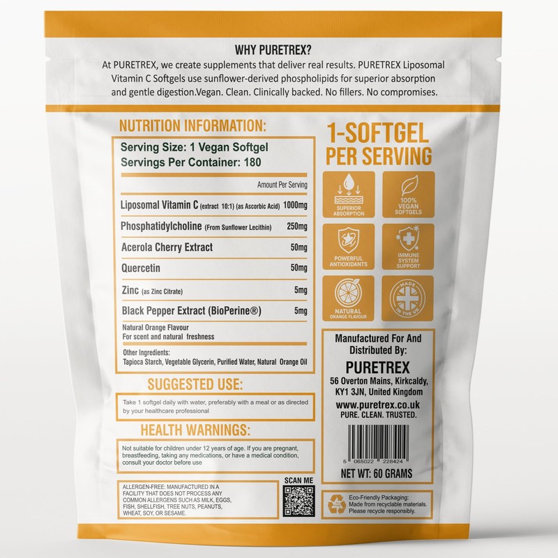 Puretrex Liposomal Vitamin C Softgels, High Absorption, Vegan, Non-GMO, 180