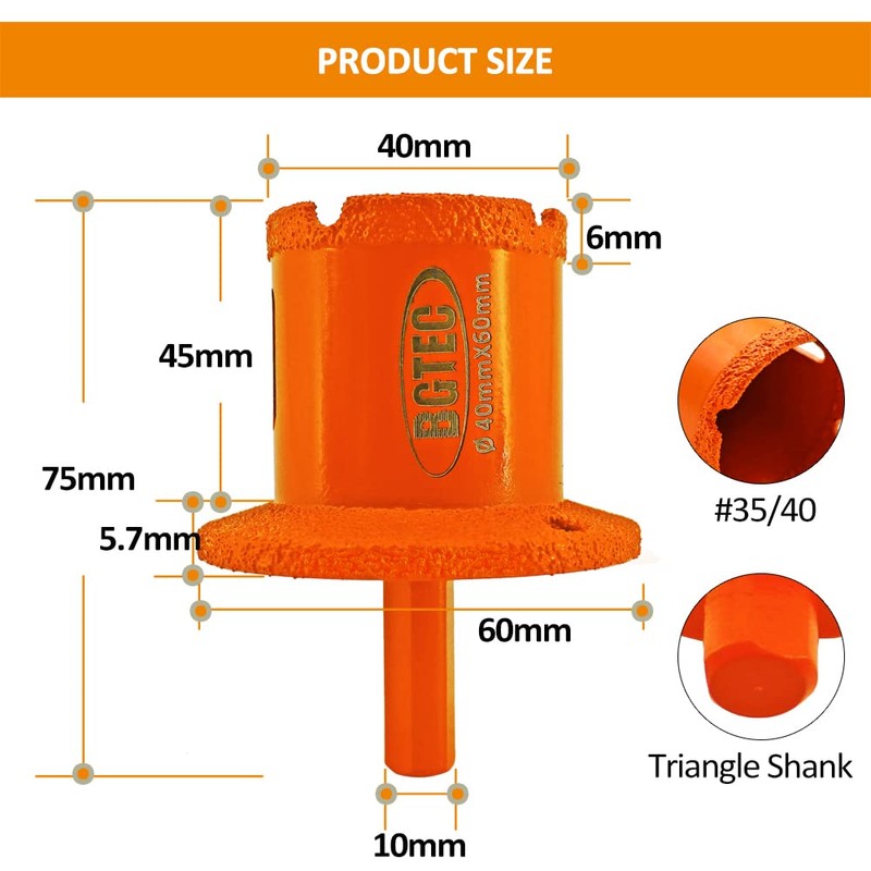 BGTEC Diamond Core Drill Bit, Diameter 40x60mm Triangle Shank Sink/Washbasin