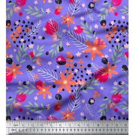 Soimoi Purple polyester Crepe Fabric Pecan Leaves & Floral Fabric Prints By metre 42 Inch Wide