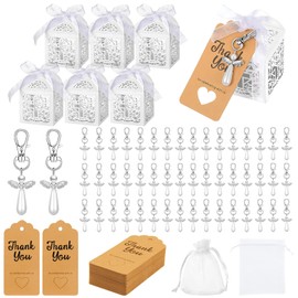 VKUJDT Juego de 48 Piezas de Regalo de Bautismo para Angel incluyen 48 Cajas de Recuerdo，48 Llaveros de Ángel para Alas，48 Bolsa de Regalo de Organza，48 Etiqueta de Agradecimiento，para Bautismo