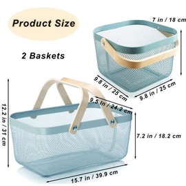 Cheardia 2 Pack Picnic Baskets, Metal Mesh Harvest Basket with Foldable Wooden Handle, Rectangle Garden Storage Basket Bin for Vegetable Fruit Garden Kitchen Cabinet Picking Gathering, Blue