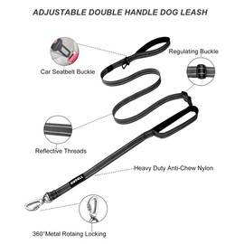 AUBELL Double Handle Tactical Dog Leash Heavy Duty for Small and Medium Large Dogs,Reflective Adjustable Nylon Dog Leash That Pull with Car Seatbelt for Training,4.5-6FT，Black