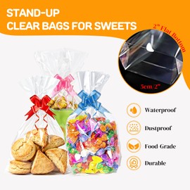 AGOBUHE Cellophane Treat Bags 8x12 Inch 50 Pack Clear Goodie Bags with Bottom Gusset & Pull Bows for Cookies Candy Party Favors