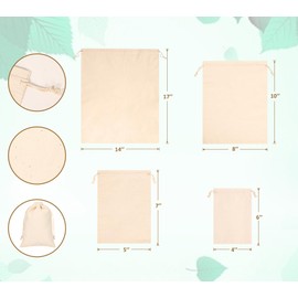 10PCS Cotton Storage Bags with Drawstrings, X-Large 14x17inch Multipurpose Canvas Fabric Bread Bags, Reusable Muslin Bulk Flour Sack Bags, Natural Potato Onion Storage Bags, Cloth Shoe Bags