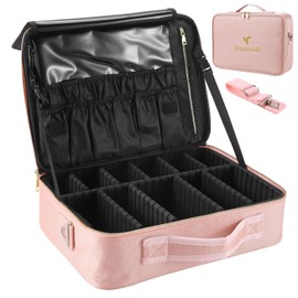 Emanddi - Makeup Bag | Waterproof Travel Cosmetic Organizer with Adjustable Dividers | Portable Beauty Case for Brushes, Toiletries & Accessories (Pink, Large)