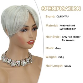 QUEENTAS Grey Hair Toppers for Women with Thinning Hair 360°3D Cover with 5 Clips Short Hair Pieces Wispy Bangs 6"*6" Large Coverage(Gray)