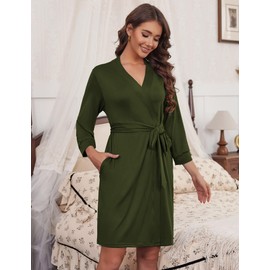 HOTOUCH Women Sleep Robe Shawl Collar Wrap 3/4 Sleeve Bathrobe Sleepwear with Belt Sleepwear Army Green S