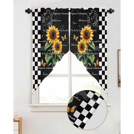 EwdeWwo Sunflowers Swag Curtains Buffalo Plaid Black Rod Pocket Kitchen Curtains Valances Scalloped Small Window Treatment Swag Valance Curtains for Living Room (28" W x 36" L Each Panel)