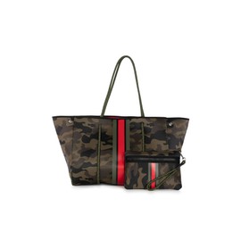 Haute Shore - Greyson Soho Neoprene Tote Bag w/Zipper Wristlet Inside, Green Camo W/Olive, Black, & Red Stripe