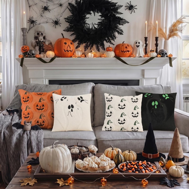 Halloween Throw Pillow Covers 18x18 Set of 2 Orange Pumpkin