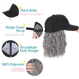 S-noilite Baseball Cap Hair Extensions, 8" Baseball Hats Wigs,Hat with Long Curly Wavy Hair Attached for Women(Black Mix Sliver Grey)