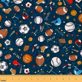 Feelyou Balls Theme Fabric by The Yard,Football Basketball Baseball Upholstery Fabric, Sports Game Outdoor Fabric, Baseball Gaming Reupholstery Fabric for Chairs, 2 Yards, Blue