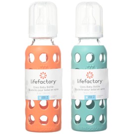 Lifefactory 9oz Glass Baby Bottle 2pk Bundle with 2 Stage 3 Nipples (Kale/Papaya)