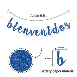 INNORU Bienvenidos Banner - Fiesta Mexican Welcome Party Decor - Spanish Home Party Decor Banner - Wlcome Back Party Decorations Supplies, Navy Blue Glitter