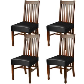 Fuloon Dining Chair Covers,Solid Pu Leather Waterproof and Oilproof Stretch Dining Chair Protctor Cover Slipcover (Black, 4 Sets)