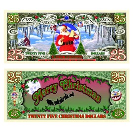 $25 Christmas Dollars Novelty $25 Bill - 10 Count with Bonus Clear Protector & Christopher Columbus Bill