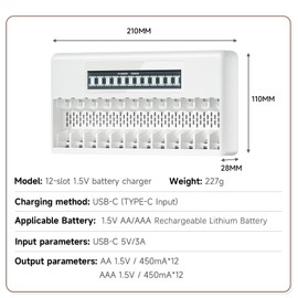 CITYORK 12 Bay Battery Charger for 1.5V AA AAA Rechargeable Lthium Batteries, LCD Display Independent Slots Battery Charger, with PD20W Adapter, Fast Charging