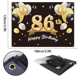 SELPONT y 86th Birthday Banner Backdrop - 86 Birthday Party Decorations Supplies for Men - Black Gold 4 x 6ft