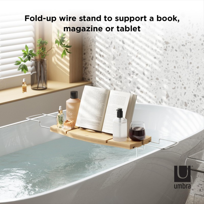 Umbra Aquala, Bamboo and Chrome Extendable Bathtub Tray Caddy, Natural