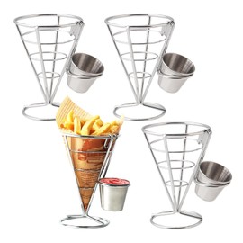 KOBSAINF 4 Pack French Fry Holder, French Cone Fries Basket with Sauce Cup, Metal Wire French Fries Holder for Kitchen, Restaurant Buffet, Picnic Party, Buffet Dinner, Home Parties