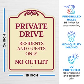 Sigo Signs, Private Drive Residents and Guests Only No Outlet Décor Sign, Burgundy Light, 18x24 Inches, ACM, Fade Resistant, Made in USA