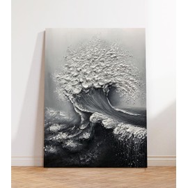 moshinart 30 x 45in Hand-Painted Oil Painting 3D Texture Black White Grey Modern Minimalist Black Abstract Wall Art, Home Office Wall Decoration Sea wave