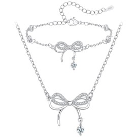 ilasif 2PCS Silver Bow Bracelet Necklace Set for Women Girls, Adjustable Cubic Zirconia Bracelet Necklace, Party Birthday Wedding Christmas Jewellery Gifts for Daughter Sister Friends