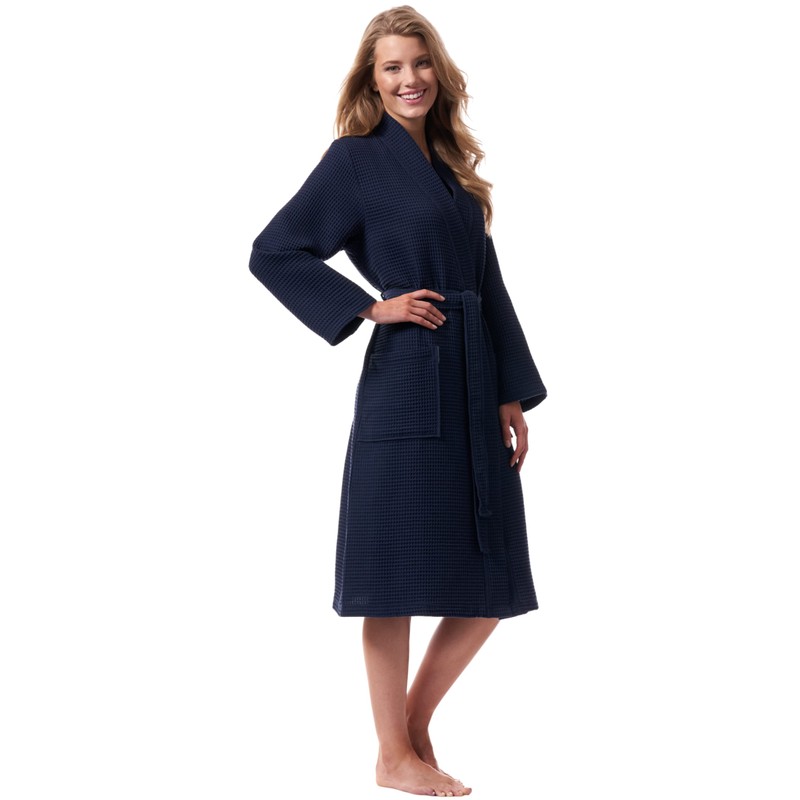 Morgenstern Women's Lightweight Bathrobe, 100% Cotton, Waffle Pique, darkblue