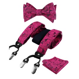 Alizeal Men's Adjustable Floral Paisley Self Tied Bow Tie, Pocket Square and Elastic Y Shape 6 Clips Suspenders Set, hot pink