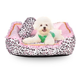 Cute Pink Puppy Sleeping Mat Bed with Leopard Pattern Round Square Shape Cat Dog Sofa Bed Pet House Nest Cave