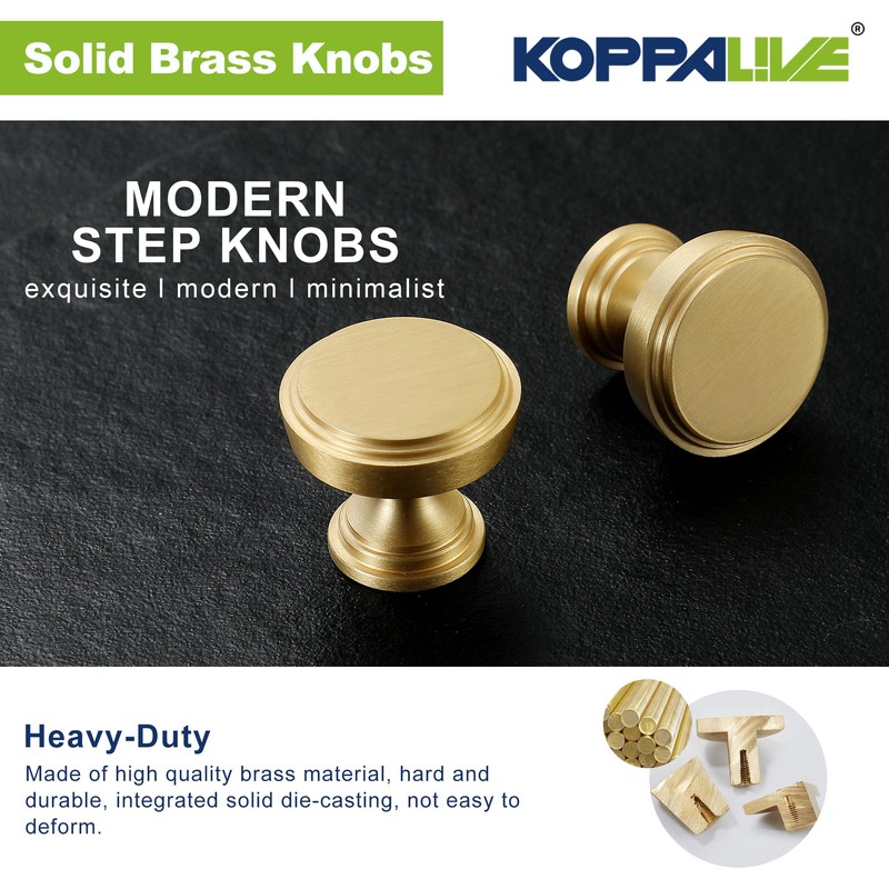 KOPPALIVE 10-Pack Solid Brass Kitchen Cabinet Knobs, Modern Gold Drawer
