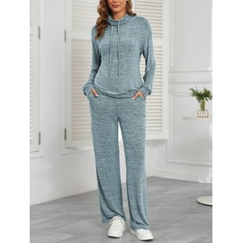 Famulily Womens Fall 2 Piece Outfits Hoodie Sweatpants Jogger Sweatsuit Workout Set Y2K Tracksuits Blue S