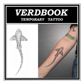 VERDBOOK Waterproof Temporary Tattoos: 2-Sheet Tattoo Kit with Realistic Body Stickers, Semi-Permanent Tattoos for Adults Lasting 7-15 Days – Safe for Men & Women, Shark Voyager