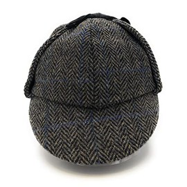 Clans Of Scotland - Deerstalker Hat – Scottish Traditional - Harris Tweed - Two Peaks and Ear Flaps - Dark Herringbone with Blue line - Single Piece (XXL)