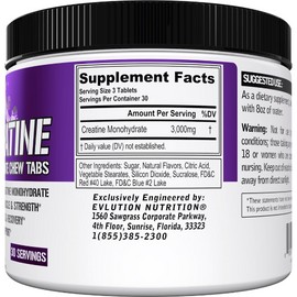 Evlution Nutrition Creatine Monohydrate Chew Tabs - Muscle Growth, Strength, Performance, Recovery & Cognitive Support - 3000mg Creatine Monohydrate Per Serving - 30 Servings - 90 Tablets - Grape