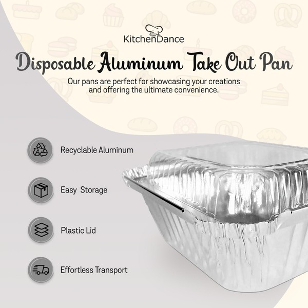 KitchenDance Aluminum 1 Lb. Food Storage Pan with Clear Plastic Lid - 15 Ounces Aluminum Foil Pans for Home, Restaurants - Baking Pan Perfect for Baking, Storing, and Preparing Food, 220P, 250 Count