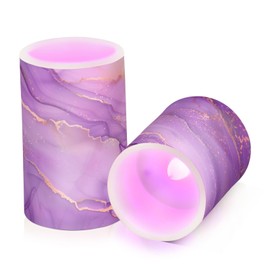 WEVIBOFU Pink Purple Gold Marble Flickering Flameless Candles LED Battery Operated with Remote Timer Pillar Candles for Home Birthday Wedding Christmas Decor, Set of 2