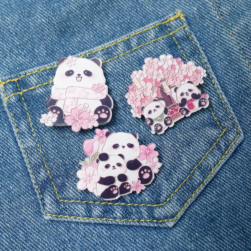 Set of 5 Spring Pink Cherry Blossom Panda Brooch Bookbag