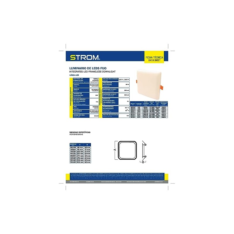 Strom 86255 Luminario de LEDS Fijo Cuadrado 225 mm, 32